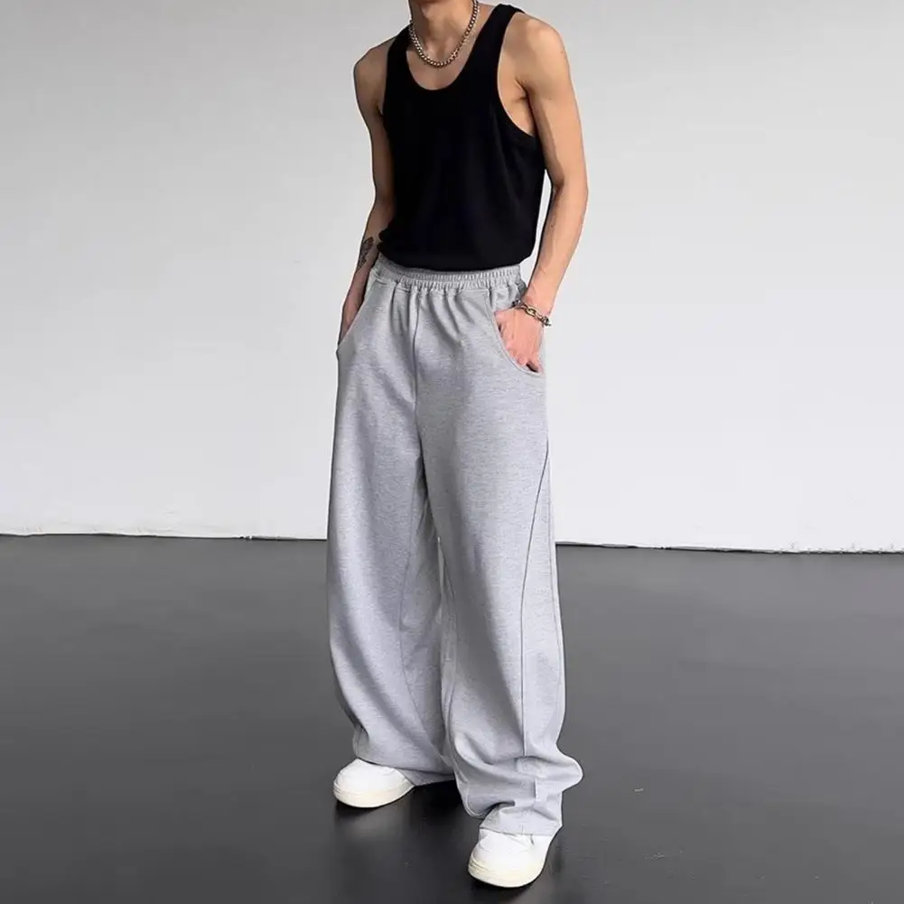 

Straight Trousers Vintage American Style Men's Elastic Waist Pants with Pockets Loose Straight Wide Leg Sport Trousers for Daily