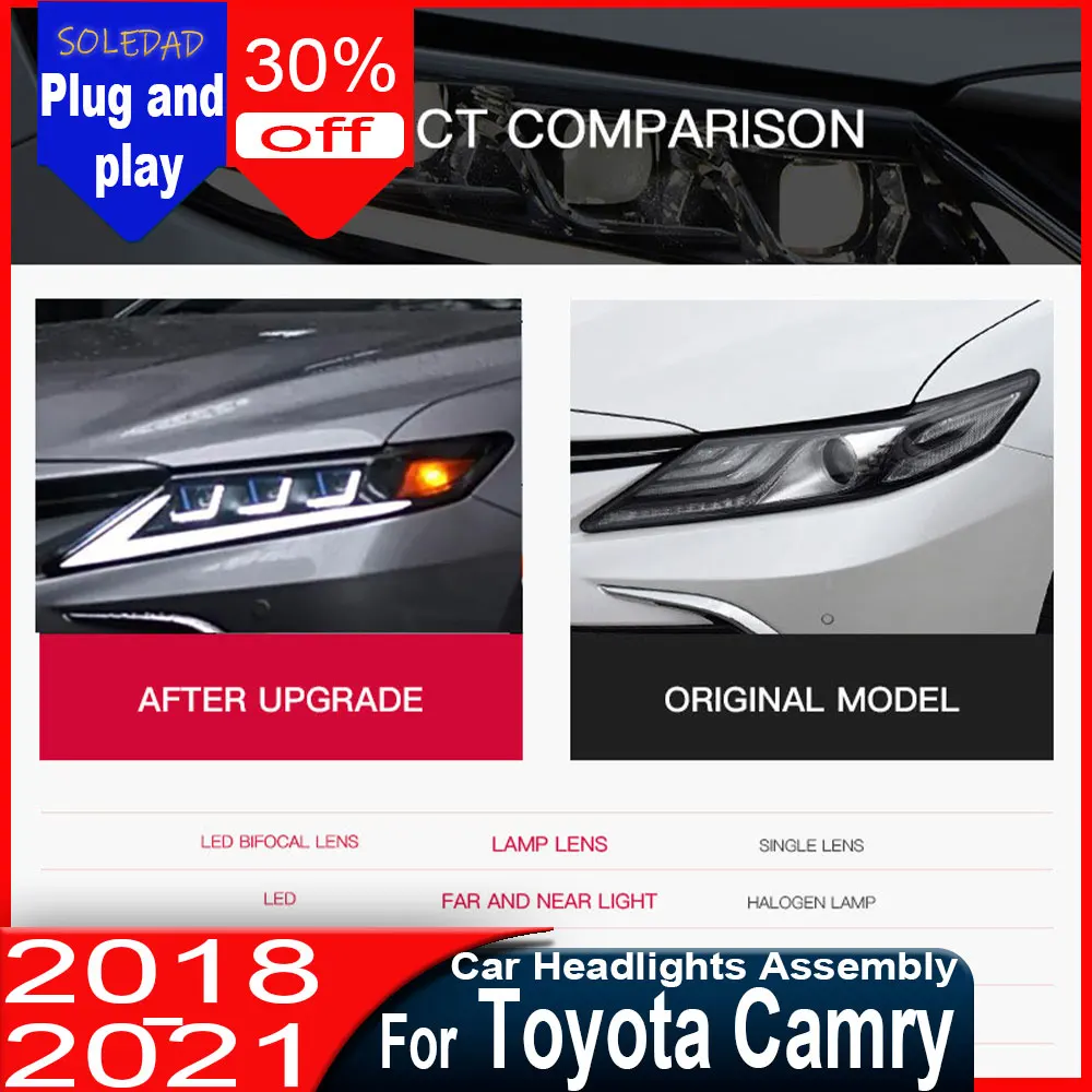

Фары для Toyota Camry 2018-2023: Обновленный комплект фар со светодиодами и 3-линзовыми проекторами, аксессуары