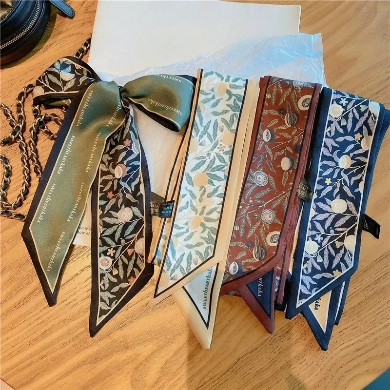 New silk scarf women\'s autumn versatile long hairband ribbon tie bag with small fragrance fashion scarf flower streamer