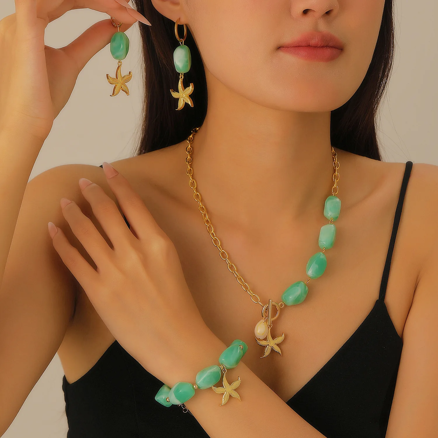 المحيط نمط نجم البحر قلادة الأصفر مطرز سلسلة قلادة أقراط سوار المرأة الشاطئ الصيف اكسسوارات البحر موضوع طقم مجوهرات #3