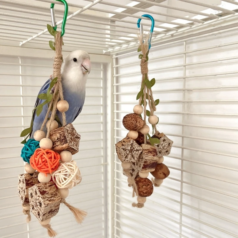 Bird Parrot Toy Natural Wooden Blocks Bird Chewing Toy Parrot Cage Bite Molar Toy Parrot Cage Colorful Hanging Decoration