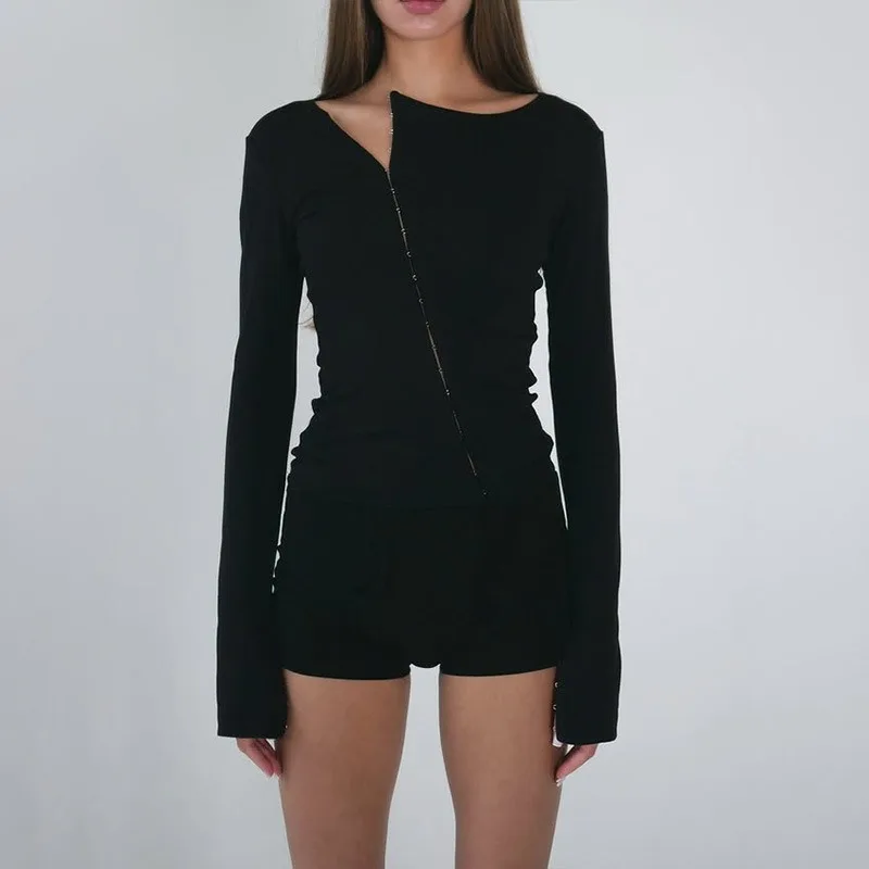 Talenza Black Hollow Out Top Fashion Sexy Asymmetric Pullover Long-Sleeve Top Solid Hot Girl Party Slim Spring Autumn Women Tops