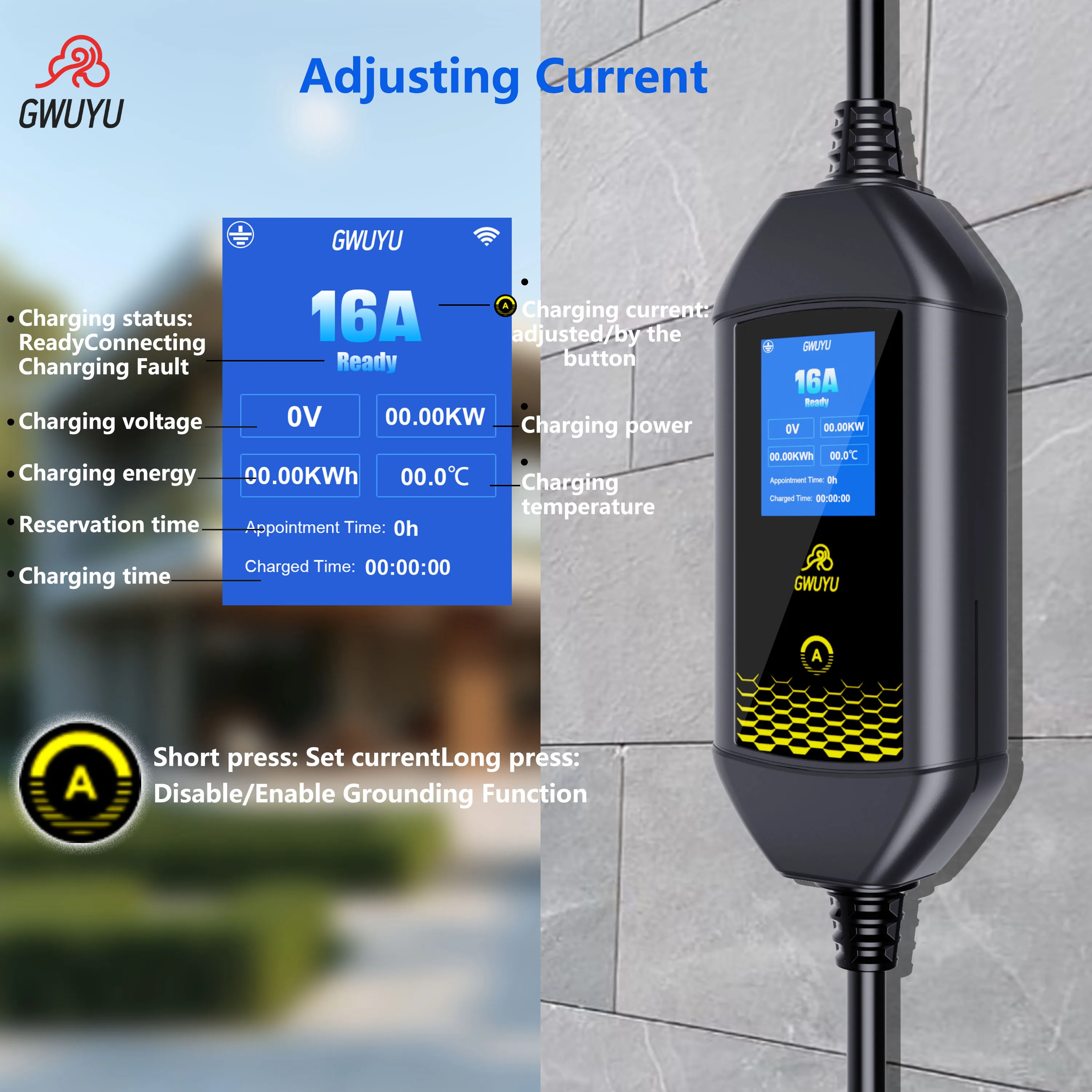 GWUYU 16A 3,5KW Typ2 Europäischer Standard-Stecker Tragbares Elektrofahrzeug-Ladegerät EVSE-Ladestation mit WLAN Bluetooth APP-Steuerung – Detail 14