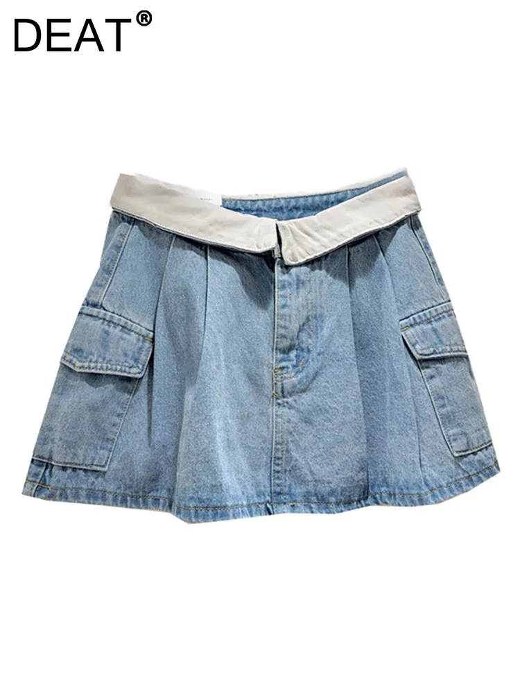 

DEAT Women Denim Skirt Patchwork Contrast Color Design Pockets Cuffs A-line High Waist Miniskirt 2024 Autumn New Fashion 29L7173