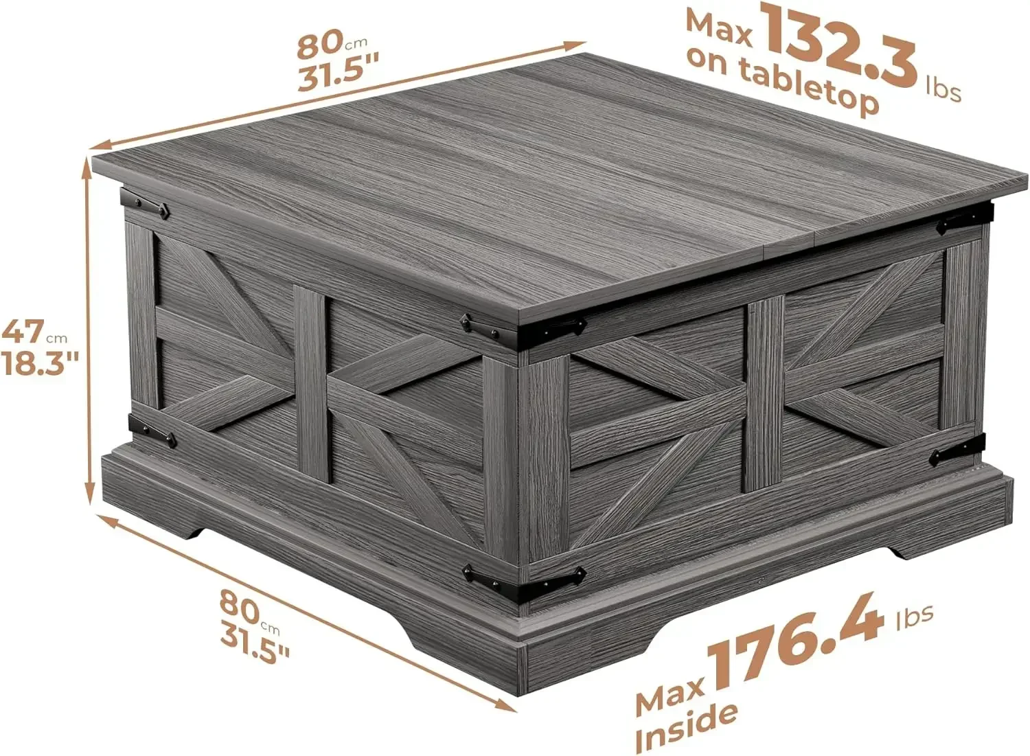 Table basse de ferme avec rangement, table centrale carrée pour salon, calcul rustique, coin métallique moderne, gris