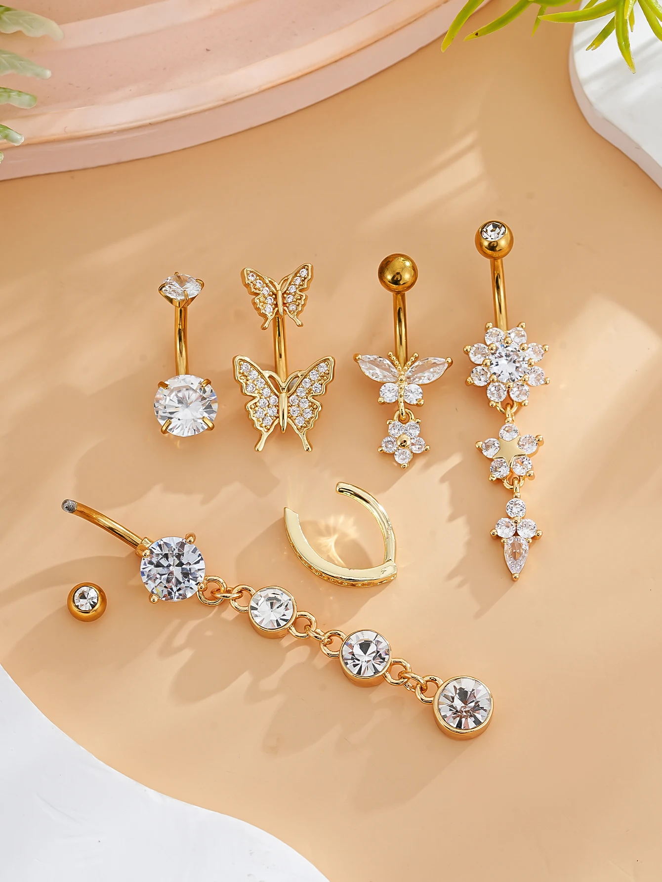 3-8 Stück/Set Gemischte Bauchnabelpiercing-Sets Lange Hängende Gebogene Bauchnabelringe Nombril Ombligo Damen 14G Schmetterling Bauchnabelpiercings – Detail 7