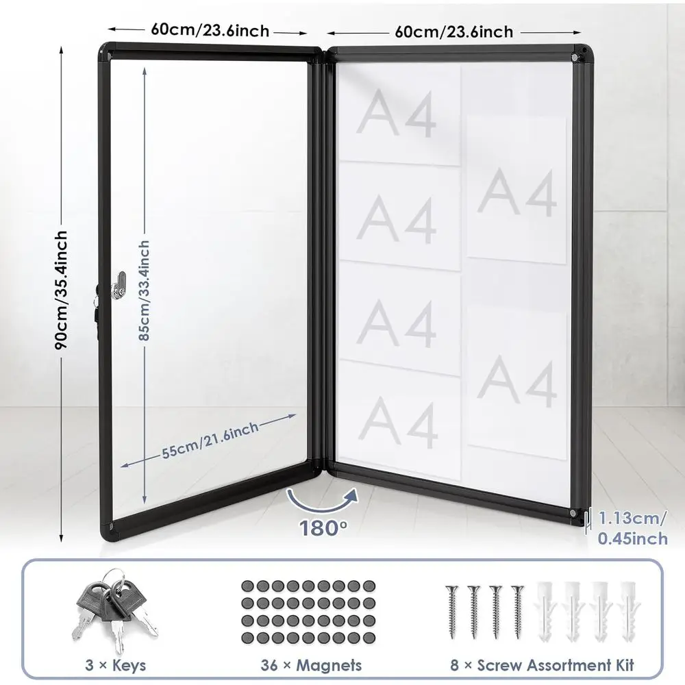 حافظة عرض آمنة مثبتة على الحائط، مقاس 36 × 24 بوصة، للاستخدام المكتبي/المدرسة/المنزل، مقاومة للكسر، إطار من الألومنيوم الأسود