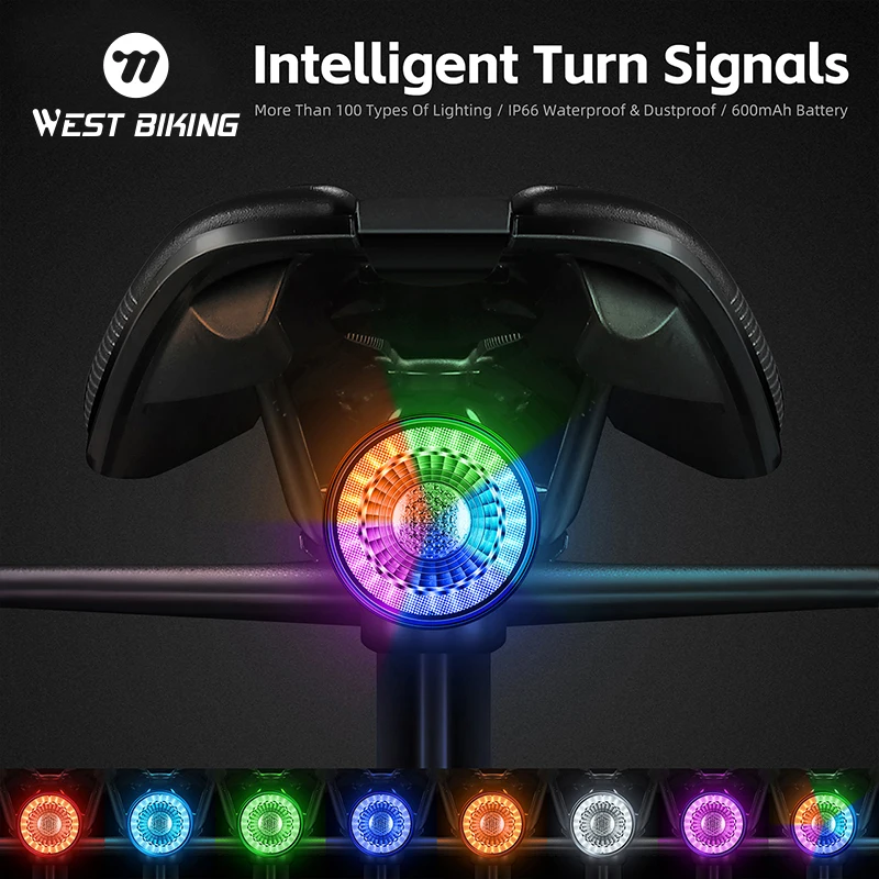 WEST BIKING Colorful Intelligent Turn Tail Light Wireless Remote Control Safety Warning Tail Lamp Type-C Charging Bike Light