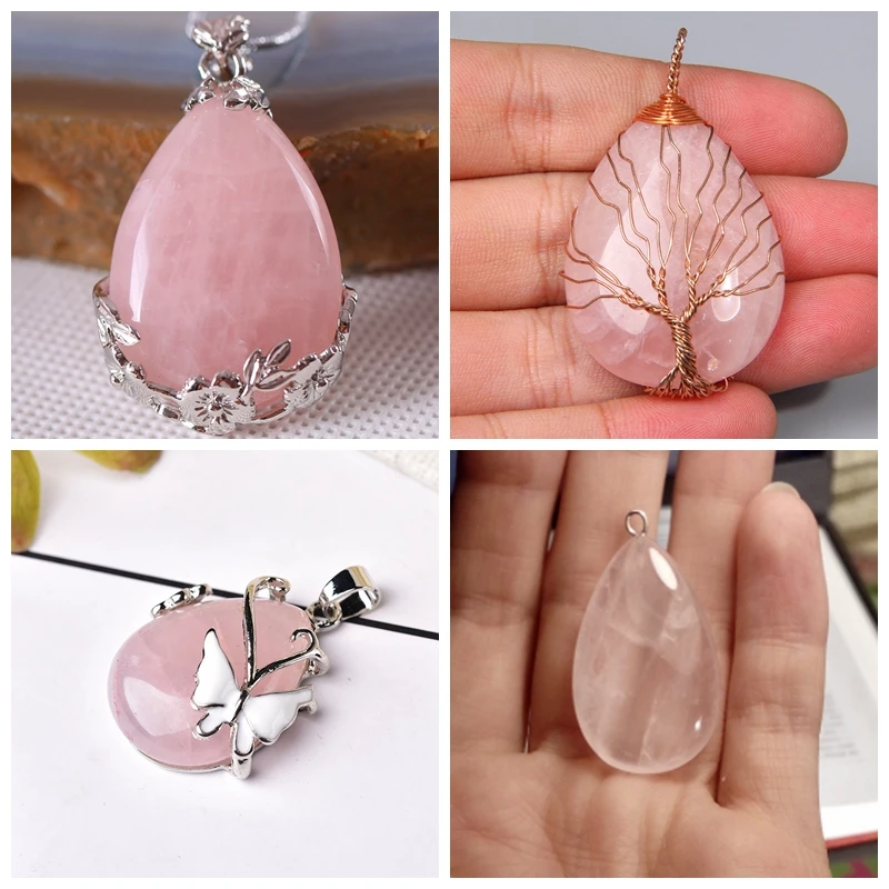 Trendy-beads Stones Healing Stone Pendant Original Rose Quartz Water Drop Shape Modern Lady Charm Jewelry Making Gift 22x38mm