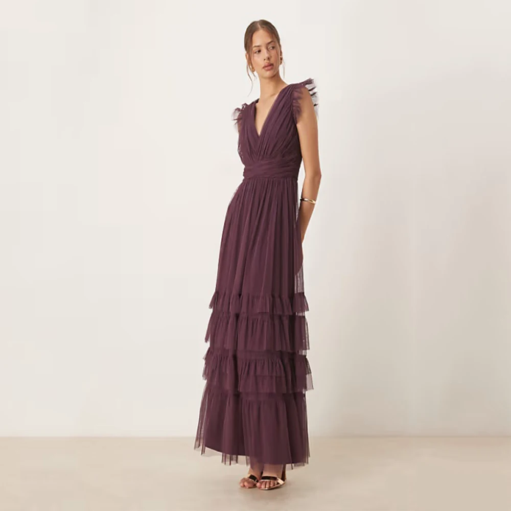 

Dream Purple Classic Evening Dresses Tulle for Ankle-Length V-Neck Sleeveless Prom Dress Tiered Vestidos De Fiesta Customized