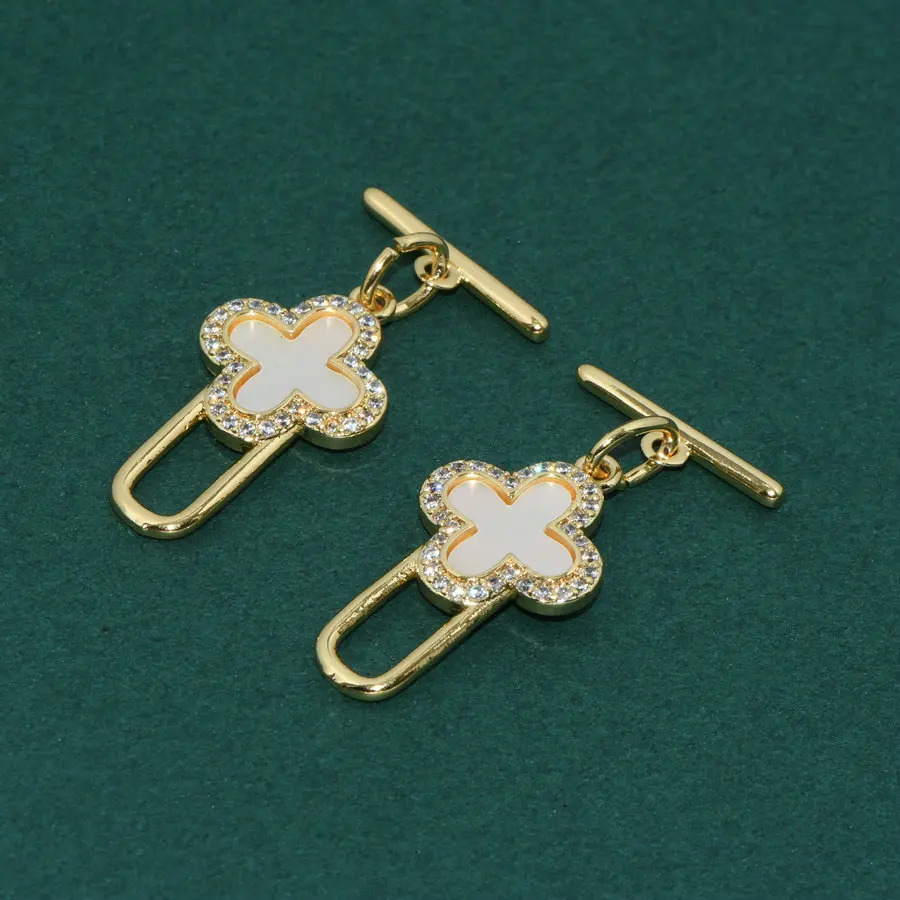 New Design 14k Real Gold Plating Natural White Shell Clover Shape CZ Setting OT Clasp For Necklace Bracelet Making Findings