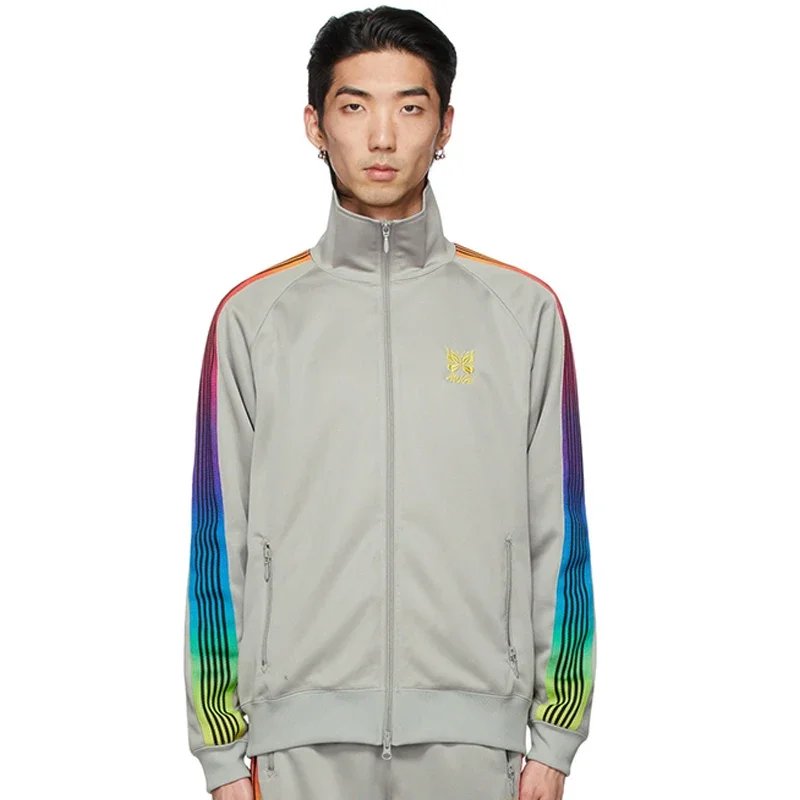 New Rainbow Track Stripe Jacket Butterfly Embroidery Cotton Long Sleeve Men Women Oversize Button Lapel Collar Black Coa