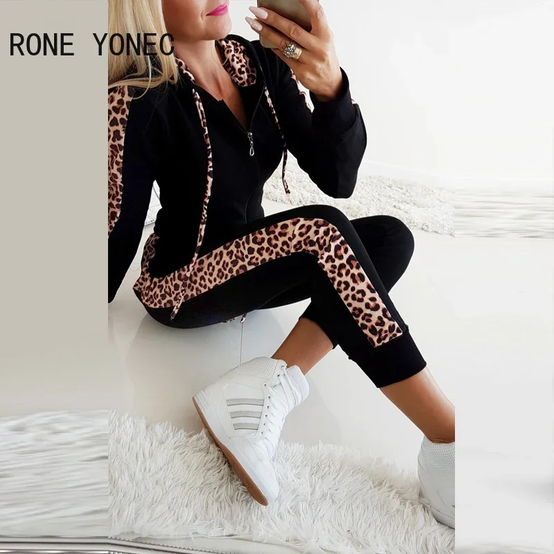 Women Leopard Print Zipper Design Drawstring Hooded Top & Pants Set Two Pieces Sets