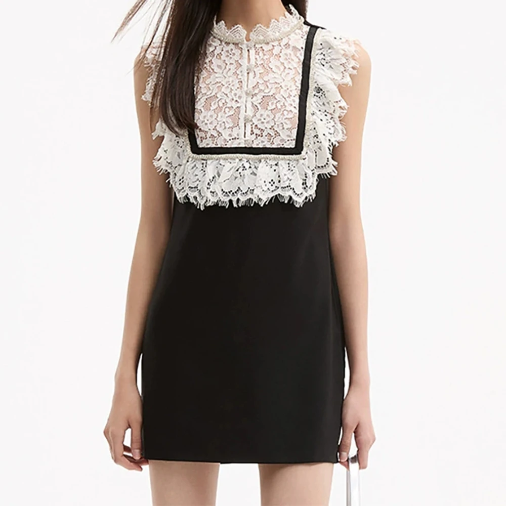 

2025 summer new arrival black and white contrast lace slim little black dress diamond sleeveless dress-GZXX696