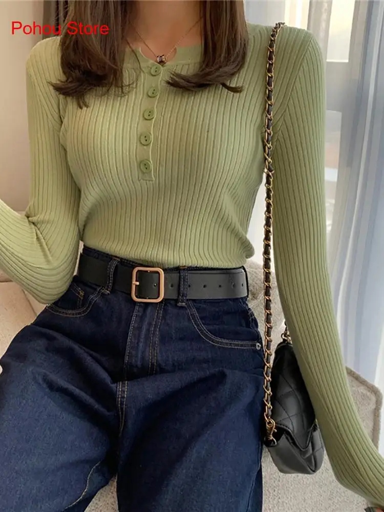 Autumn Slim Fit V-Neck Long Sleeved Knitted Base Sweater Women