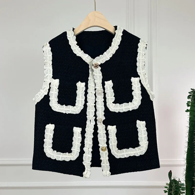 

Autumn New Lace Contrast Small Fragrance Vest Women O Neck Loose Sweet Fashion Korea Chic Black Tweed Sleeveless Vest Coat