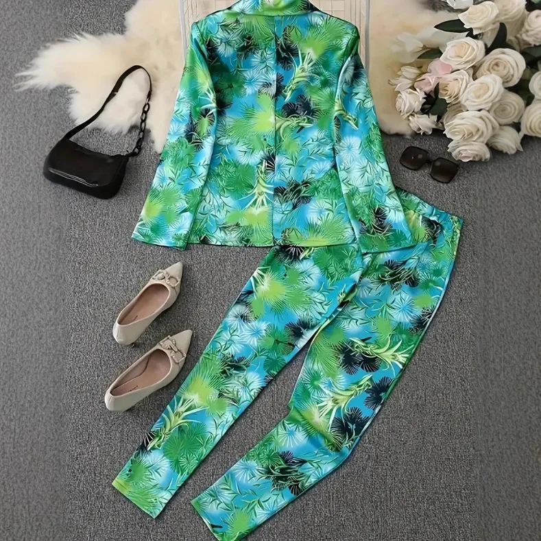 Fashion Suit Set Women's Print Patchwork Commute 2 Piece Suit Autumn Winter Long Sleeve Cardigan Matching Sets Ladies Outfit
