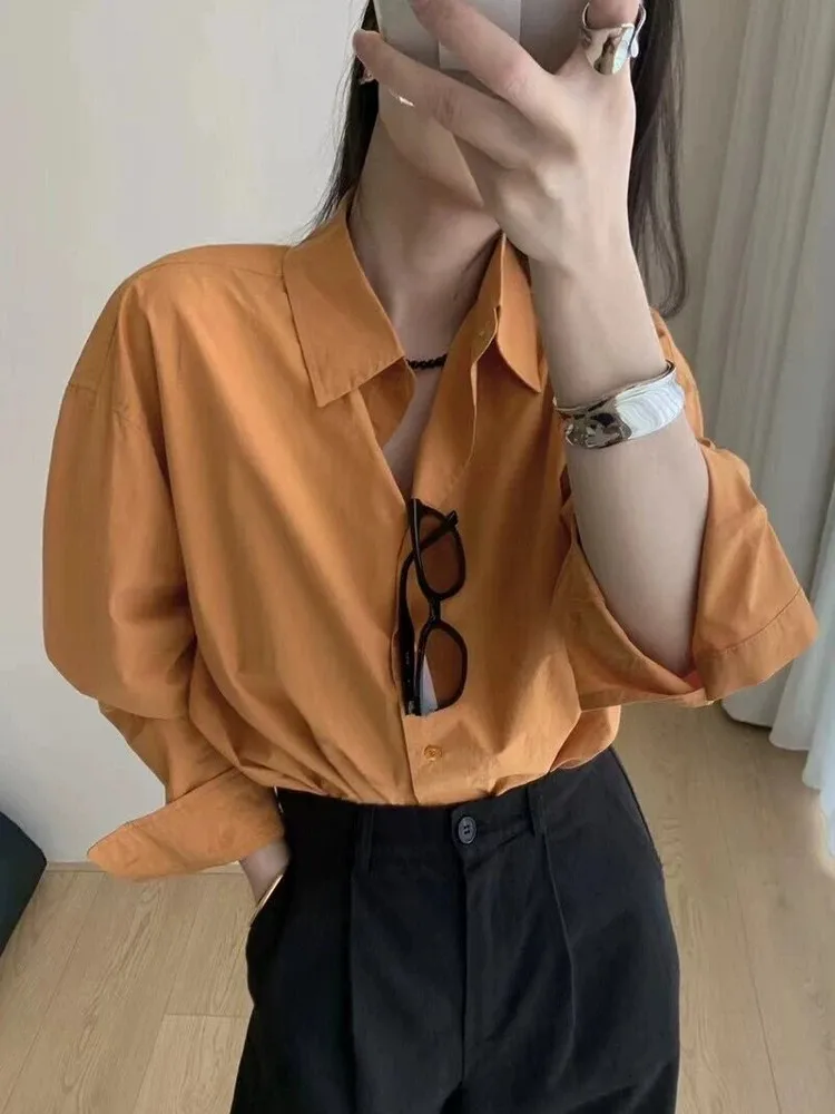 Elegant Orange Shirt Women's Basic Style White Enhancing Autumn 2026 Fashionable Casual Loose Long Sleeve Polyester Blouse