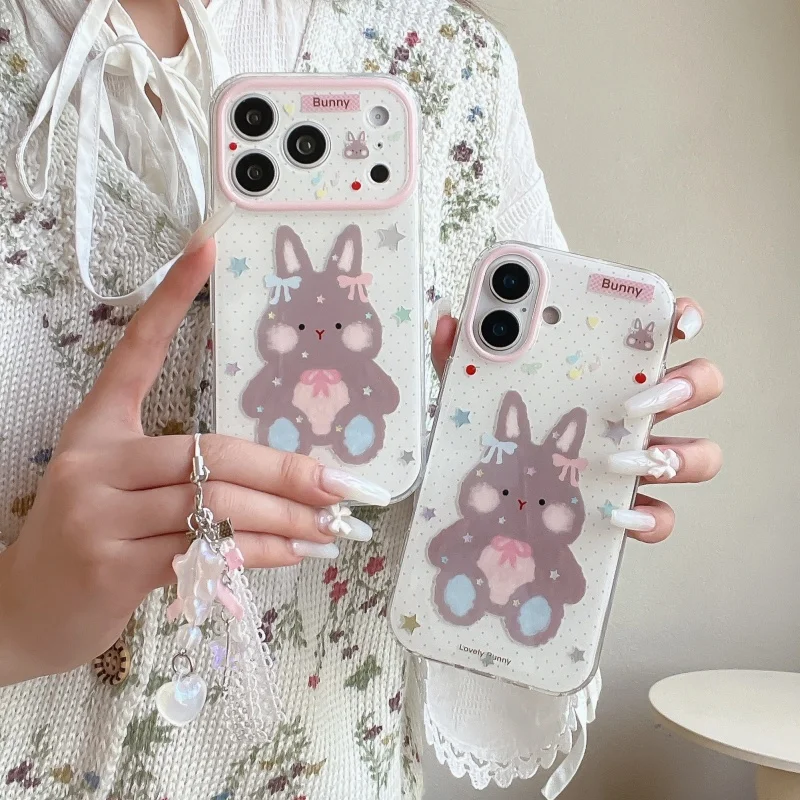 

Cute Cartoon Bowknot Rabbit Phone Case For iPhone 17 Pro 16 14 15 Pro Max Cover with Chain Strap Fashion Protective Cases For Gi