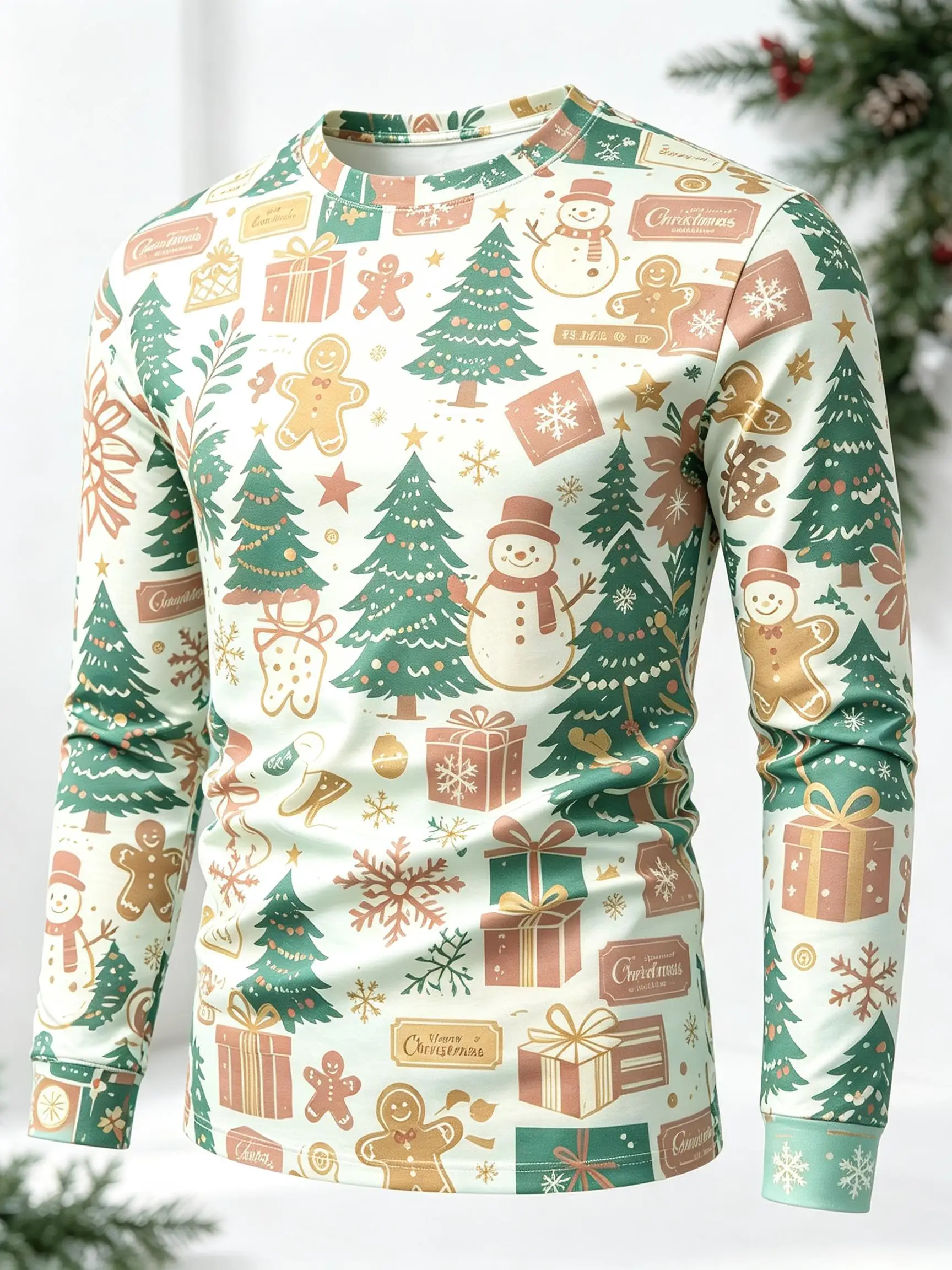 Men Crew Neck Long Sleeve T-shirt, Black Christmas Tree Snowman Gingerbread Man Gift Box Snowflake Print Casual Top