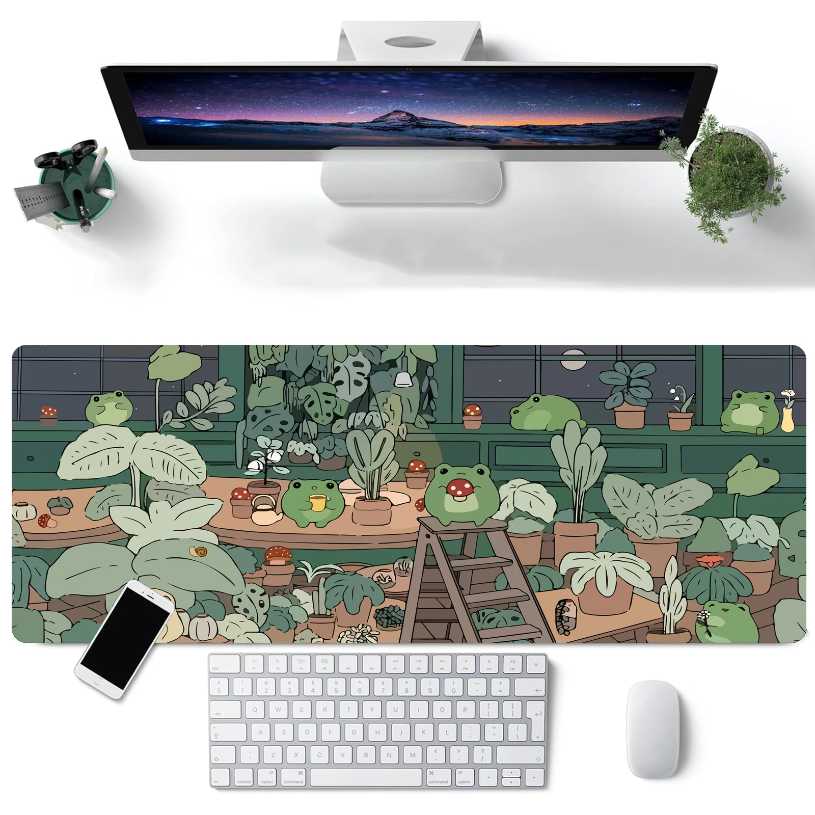 Cute Frog Mouse Pad Desk Pad Kawaii Green Desk Decor Mat, Large Gaming Mouse Pad for Desk Computer Keyboard, Stitched Eges Pad