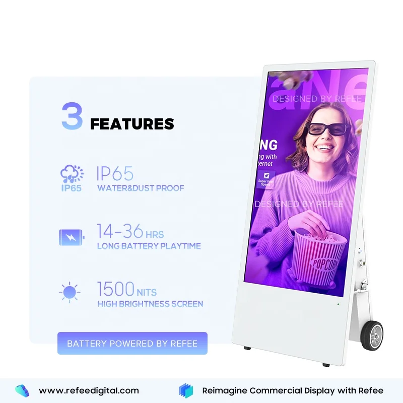 Batterijaangedreven voeding LCD-poster 43-inch draagbaar digitaal reclamebord reclamescherm met beweegbare wielen
