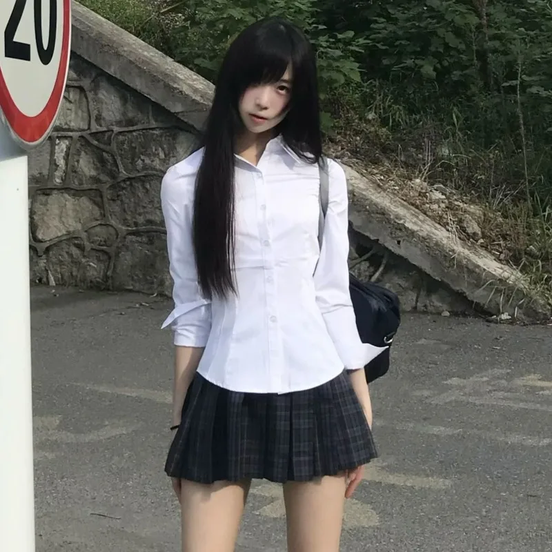 Deeptown White Basic Preppy Women Shirts Long Sleeve Turn Down Collar Japanese Fashion Slim Blouses Jk Solid Color Aesthetic