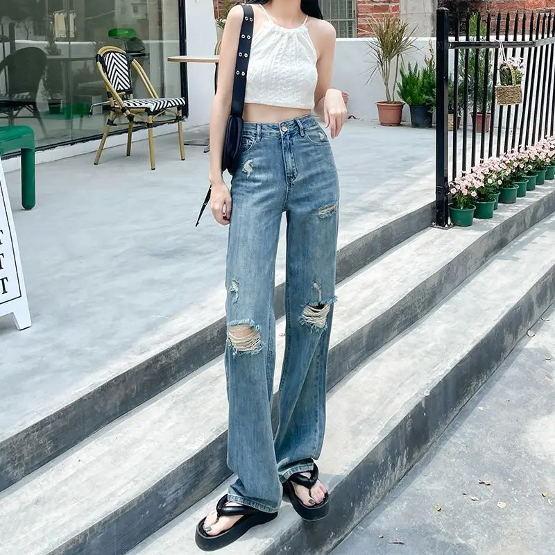 

Korean Retro Hole Repair Jeans Mens And Womens 2024 New American Style High Street Loose Straight Wide Leg Mopping Trousers A251
