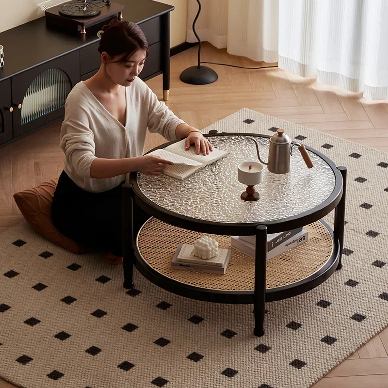 

Living room solid wood household coffee table combination round glass small apartment tea table