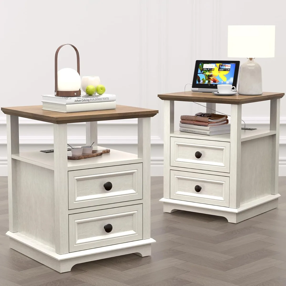 24” Tall Nightstand with Charging Station Set of 2, Fast Charge End Table Set of 2, Large 18” Bedside Table with Drawers