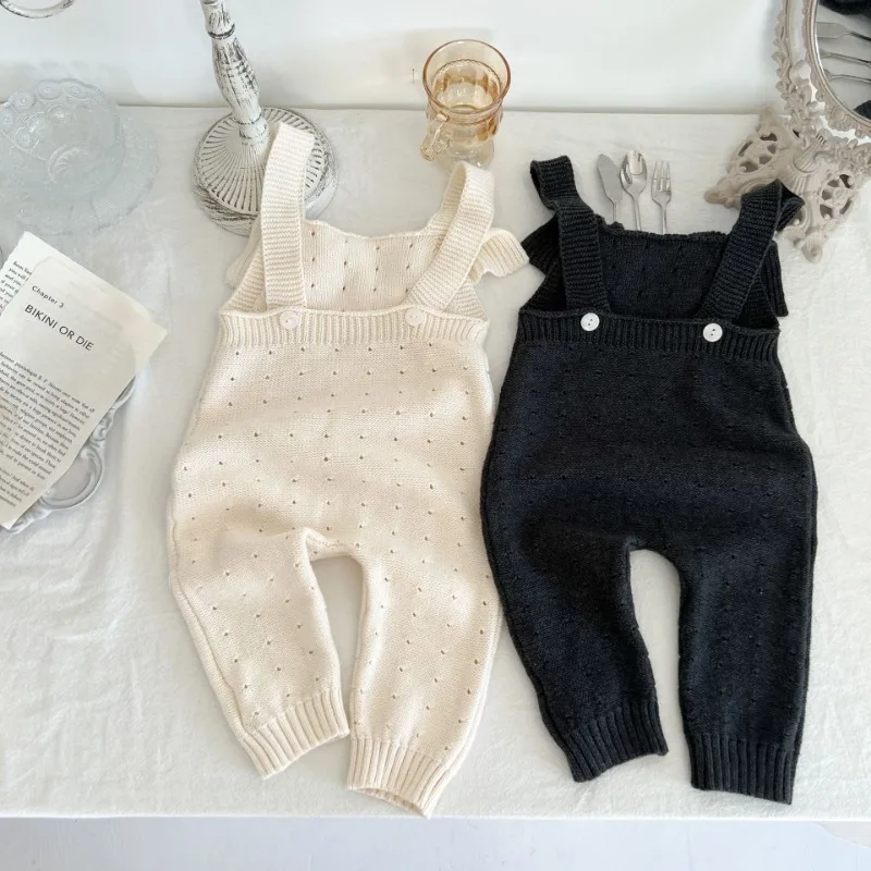 Baby and Baby Girls' Knitted Sweater Jumpsuit European and American Cotton Perforated Shoulder Strap Jumpsuit and Climbing Suit