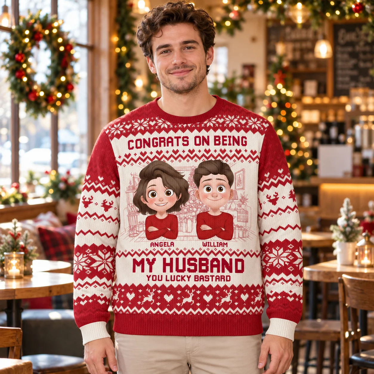 DIY Couple Photo and Custom Names Ugly Christmas Sweater Romantic Holiday Crewneck Sweaters for Partners Friends and Gifting