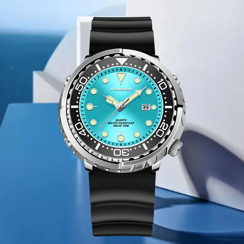 FOXBOX Outdoor Man Watch Fashion Casual Sport Silicone Waterproof Luminous Rotating Bezel Date Quartz Mens Wristwatch Daily Wear