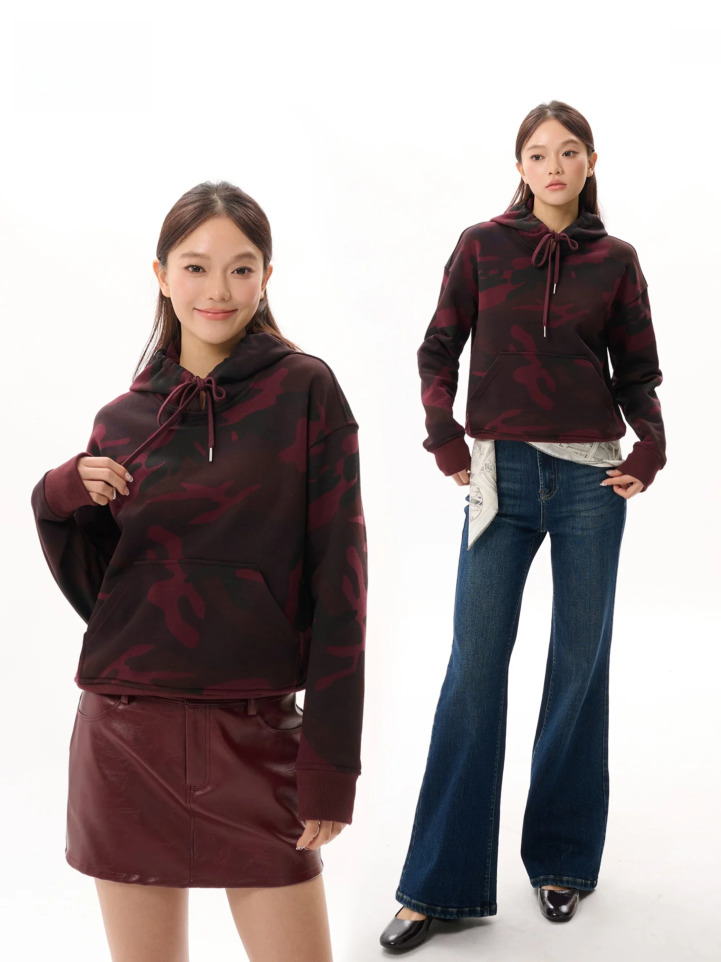 

LeiYu Labs Wine Red Loose Casual Hoodie Women's Winter 2025 New Camouflage oulder-Drifting Sve Top Street Sle Long Sle...