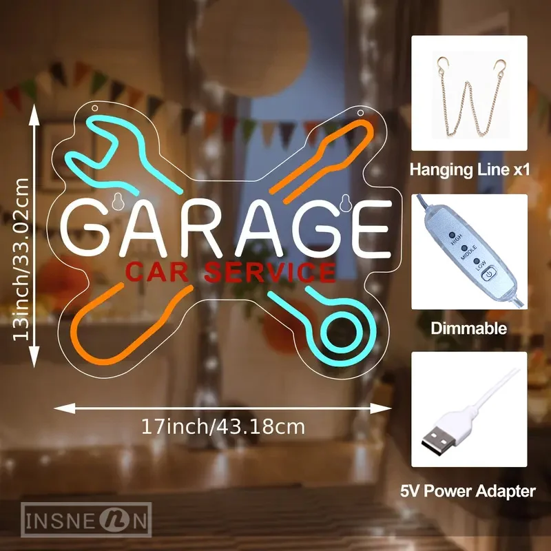 Garage Neon Sign Wrench Shaped LED Neon Light Up Signs per Wall Decor Letter Sign for Man Garage Door Auto Repair Shop Neon LED