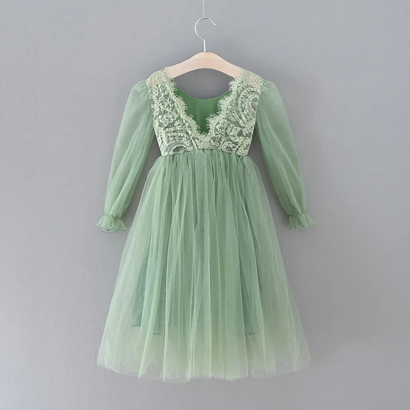 Girl Party Dresses Long Sleeves Sage Green Open Back Flower Girl Dresses Prom Dresses Formal Clothes E0409