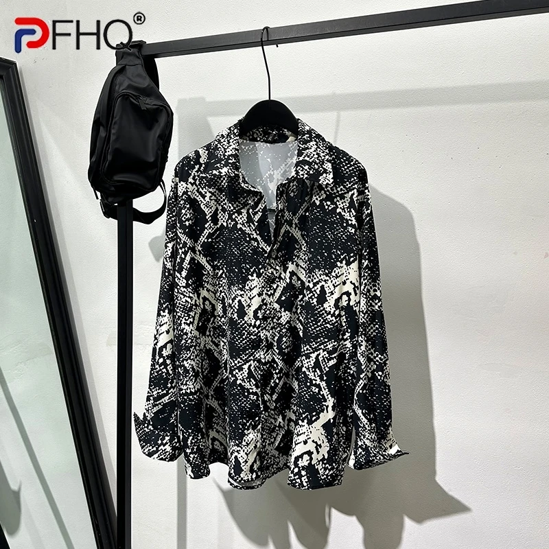 

PFHQ Men's Print Loose Shirts Trendy Lapel Personalized Light Luxury Breathable Contrast Color Summer Male Tops Original 21Z4932