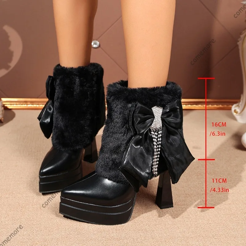 AutumnWinter Women's Fashion Bootie Ladies Platform Short Boots Bowtie Crystal Tassel High-heeled Shoes for Woman Сапоги Женские
