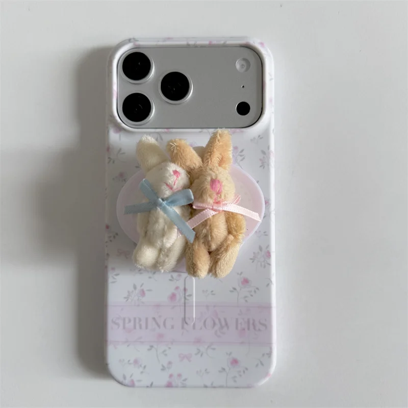 Korean Ins Pink Flower Painting Magnetic Phone Case For iPhone 17 16 Pro 15 Pro Max Cover with Plush Rabbit Stand Cases For Mags