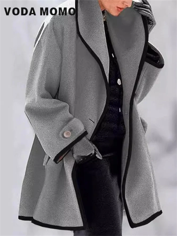 Women's Jacket Autumn Winter Coat Contrast Long Sleeve Office Lady French Outwear New Flip collar Cardigan Casual Elegant Basic