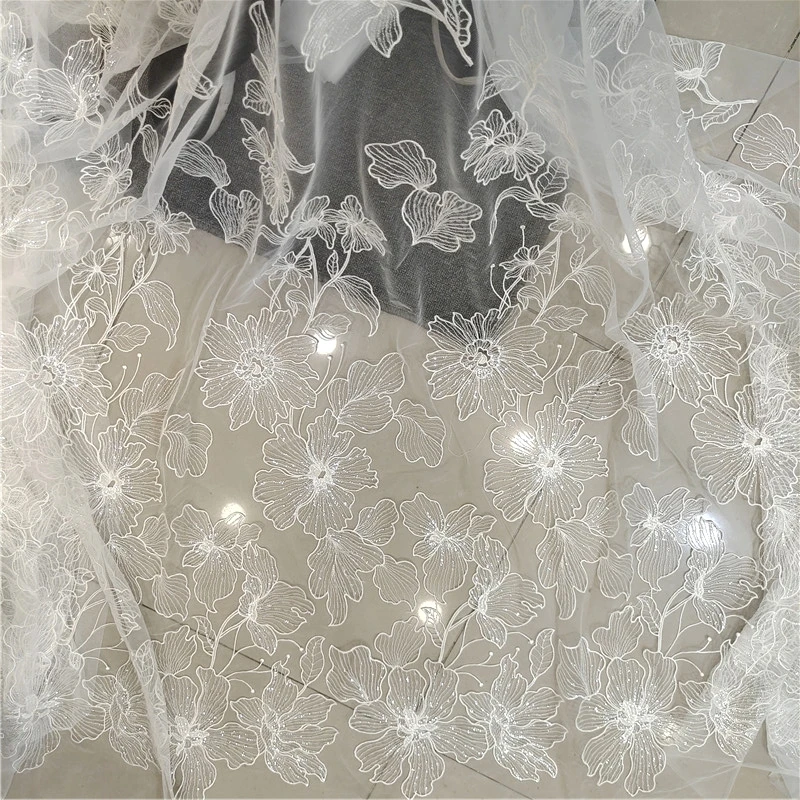 Soft Embroidery Flower 1Yard Tulle Mesh Fabric Clear Sequins Bride Wedding Gown Dress Veil Sewing Accessory