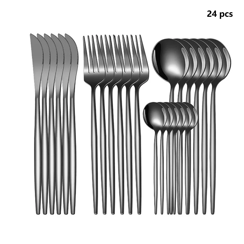 

24-Piece Black Gold Cutlery Set - Stainless Steel Spoons and Forks for Elegant Dining, Complete Western Dinnerware Collection