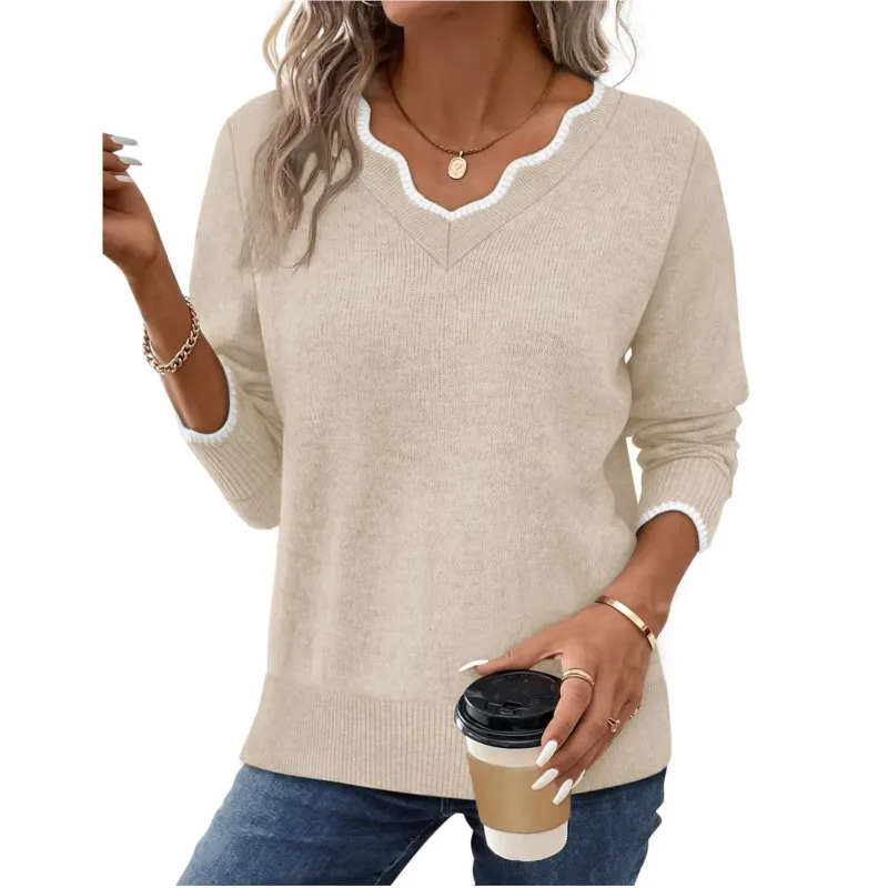 Semplici donne casual maglioni pullover top 2025 nuovo autunno lavorato a maglia tinta unita scollo a V manica lunga maglione che tocca la camicia femminile