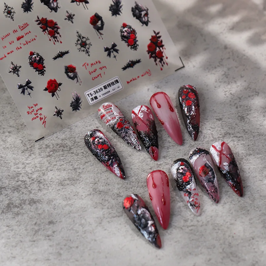 5D Relief Dark Black Brilliant Red Gothic Rose Skull Bow Floral Totem Adhesive Nail Art Stickers Decals Manicure Ornaments