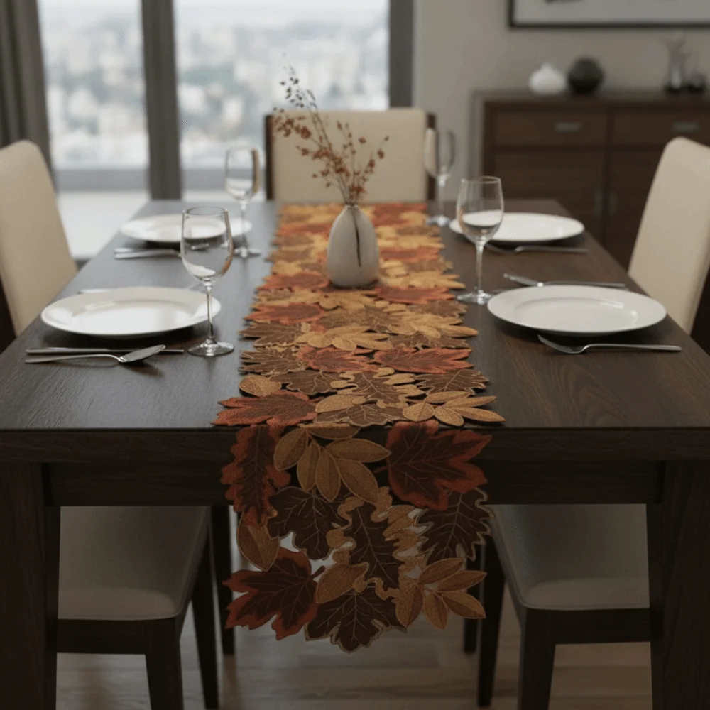 Rustic Style Maple Leaf Embroidered Table Runner Hollow Design Rectangular Maple Leaf Placemat Brown Decorative Tablecloth