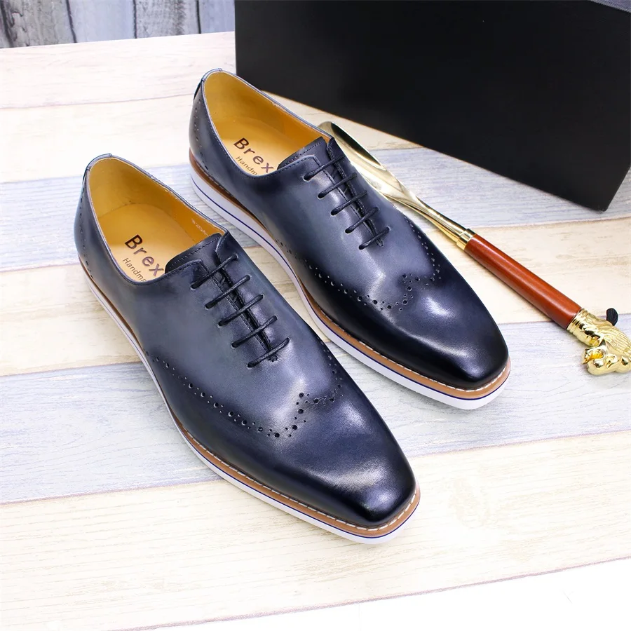 Genuine Leather Men\'s Casual Shoes Comfortable Lace-Up Brogue Handmade Flat Shoes Office Party Dating Formal Dress Men\'s Shoes