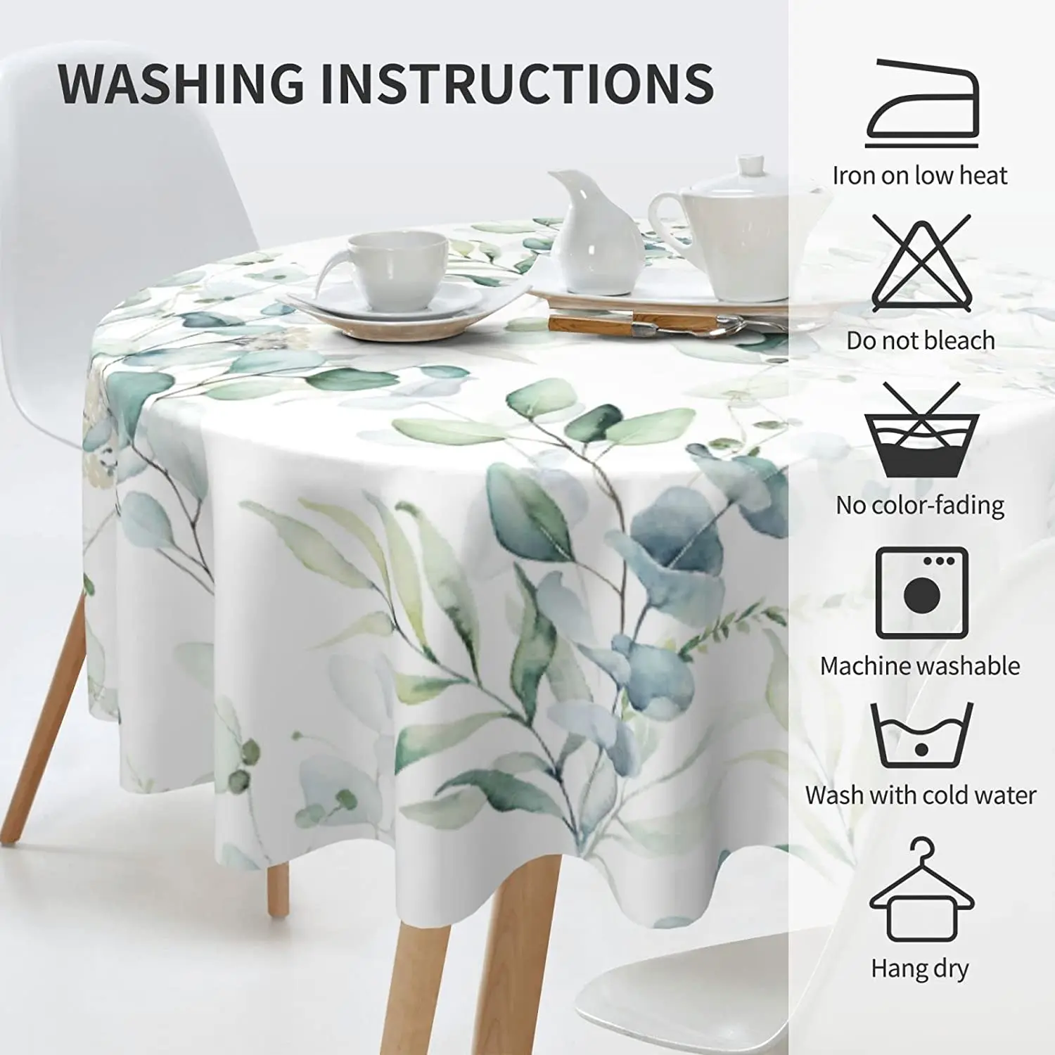 Spring Leaf Floral Sage Tablecloth Round 60 Inch Ruitic Watercolor Table Cloth Waterproof Fabric Green Grey Leaves Tablecloths