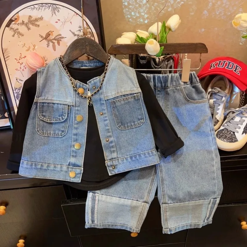 

TOY-2025New Girls' Retro Street Fashion Set Spring and Autumn New Casual Denim Vest Pants Two-Piece Set