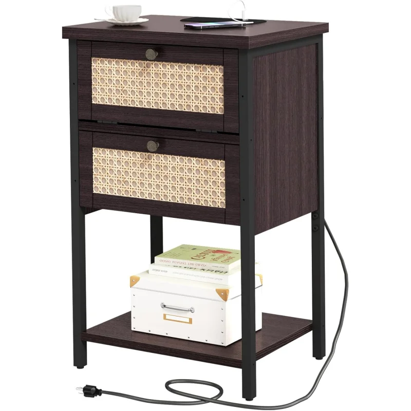 

End Table with Charging Station, 2 Tier Rattan Decorated Nightstand with USB Ports and Outlets, Bedside Table with Drawer, Moder