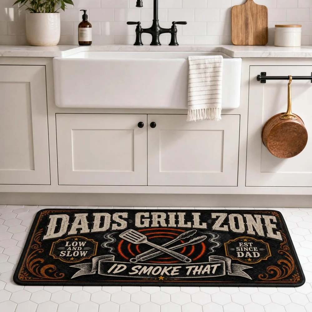 Dad's Grill Zone Flannel Rug, BBQ & Grilling Themed Non-Slip Floor Mat, Soft Printed Carpet for Patio, Kitchen,Father's Day Gift